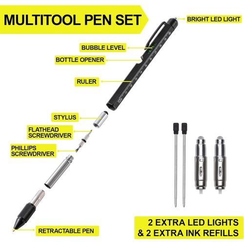 Gifts for Men, Dad, Him, Husband, 9 in 1 Multitool Pen Set with LED, Stylus, Level, Screwdriver, Mens Gift from Daughter, Wife, Son, Cool Gadgets Birthday Gifts for Men, Father, Black, 1 Pack