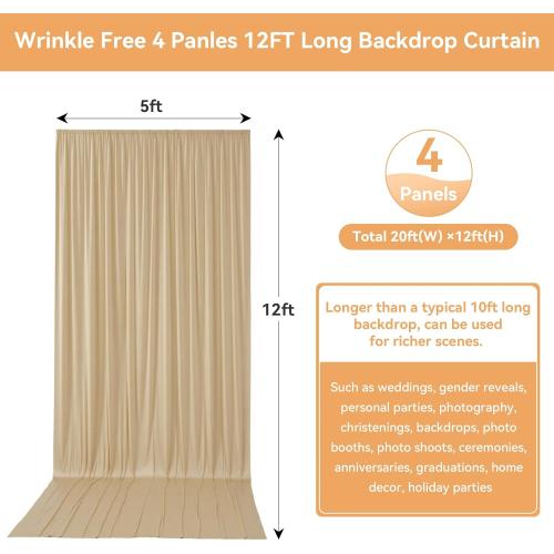 20ftx12ft Beige Backdrop Curtains for Wedding-Wrinkle Free Backdrops Curtain Drapes Fabric Decorations Photo Back Drop Cloth for Baby Shower Photography Stage Reception 4Panels 12ft(H) x 5ft(W)