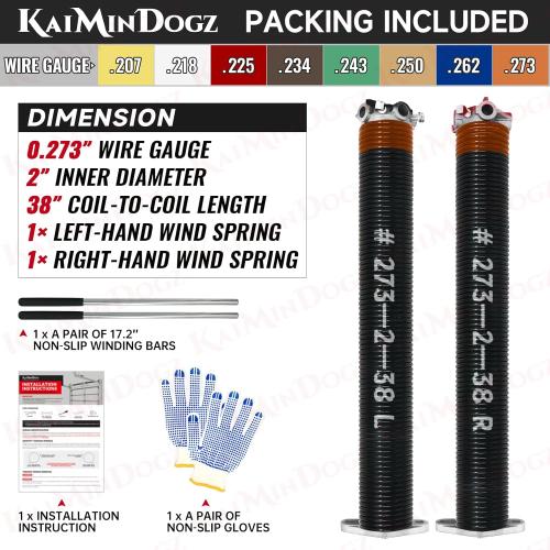 Pair of 2 Garage Door Torsion Springs Set with Non-Slip Winding Bars&Gloves, High Quality Precision Electrophoresis Oil-Free Black Coated for Replacement, MIN 16,000 Cycles (0.273x2''x38'')