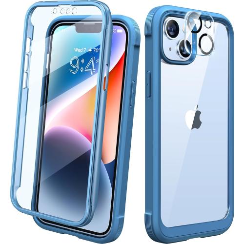 Diaclara Designed for iPhone 14 Plus Case, Full Body Rugged Case with Built-in Touch Sensitive Anti-Scratch Screen Protector, with Camera Lens Protector for iPhone 14 Plus (Blue and Clear)