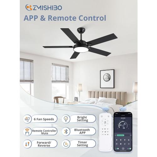 ZMISHIBO 52 Inch Ceiling Fan with Light, 30W LED, Smart Remote/APP, Black