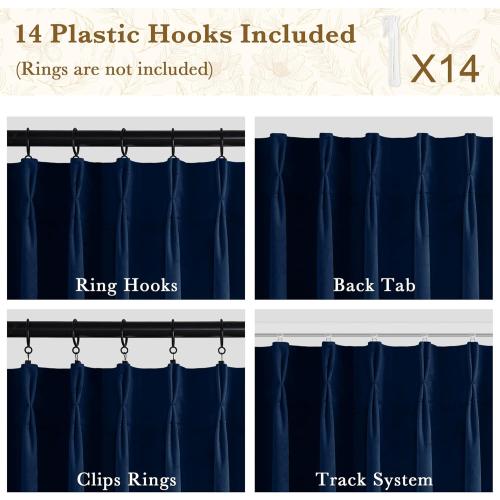 RYB HOME Navy Blue Pinch Pleated Velvet Blackout Curtains, Thermal Insulated Pinch Pleat Drapes with Hooks, Luxury Privacy Window Panels for Living Room Bedroom, 40 W x 90 L, 2 Panels Set