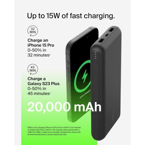 Belkin Portable Charger, USB-C Power Bank 20000 mAh w/ 2 USB-A Ports, 15W w/ Type-A to Type-C Cable - iPhone 17, Air, Pro, Pro Max, AirPods, Apple Watch, Samsung Galaxy S25, Google Pixel 10 - Black