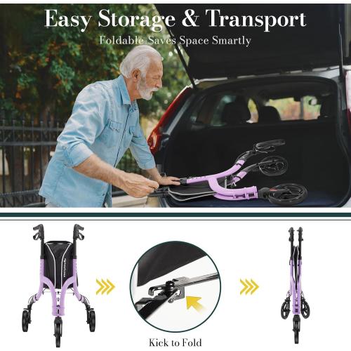 3 Wheel Walkers for Seniors, Lightweight Rollator Walkers Foldable for Elderly with Cane Hold and Cup Hold, Height Adjustable Aluminum Three Wheel Rolling Walker Mobility Aid, Purple