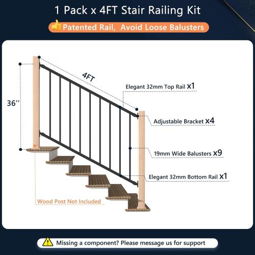 Modular 1 Pack 4ft x 36in Aluminum Deck Railing Kits for Stairs, AAMA 2604–Grade Textured Matte Black Porch Railing Kit, Decking Railings for Outdoor Decks and Porches