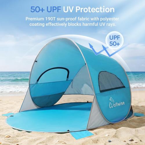 Wolfwise Pop up Beach Tent Sun Shelter with UPF50  UV Protection, Instant Easy Setup Popup Beach Shade Canopy for 3 Person, Portable & Foldable with Carring Bag, 87 ×57×47 in, Blue