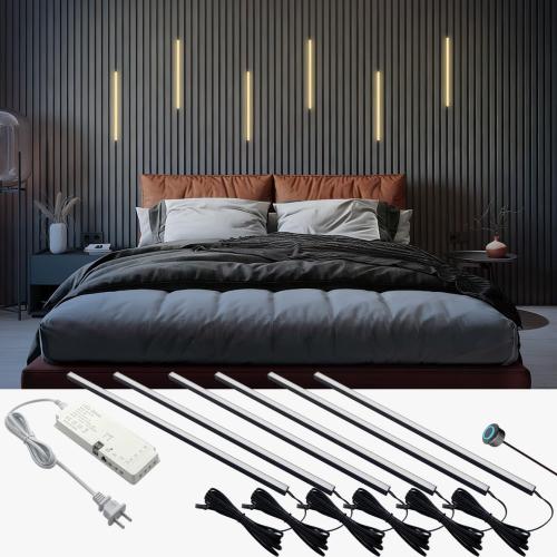 HAMRVL 6pcs 16-Inch DC12V Black 3000K Warm White LED Wall Panel Lights, Self-Adhesive Dimmable Touch Switch Slat Wall Lights Strip for Wood Slat Wall Panels, Media Acoustic Panel, Bedroom Headboard