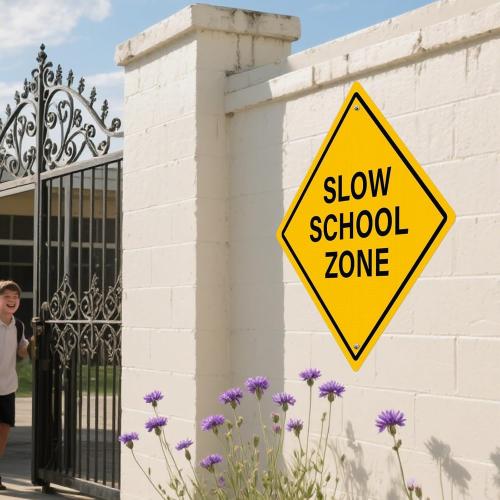 Slow School Zone Sign 24 × 24 Inches Reflective Waterproof Fade Resistant Rust Free Aluminum Metal Safety Warning Signage with Pre-Drilled Holes for Driveways Roads Streets