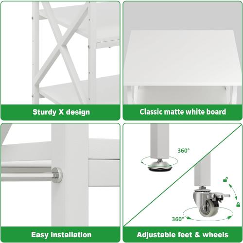 Ollieroo 3 Tier Printer Stand, Large Table with Wheels, Rolling Cart with Height Adjustable Middle Storage Shelf, 23.6 x 23.6 x 30.3 Inches Shelf for Home Office, White