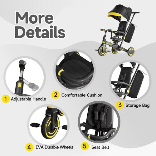 WinHope 9-in-1 Push Tricycle for Toddlers 1-3 Years, Convertible Kids Trike with Push Handle & Safety Belt, One-Client Foldable Design   Storage Basket, Birthday Gift and Toy for Boys and Girls(Black)