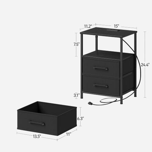 Nightstands Set of 2, Night Stand with Charging Station, Bedside Table with 2 Fabric Drawers for Bedroom, Small Side End Table with Open Shelf, Black