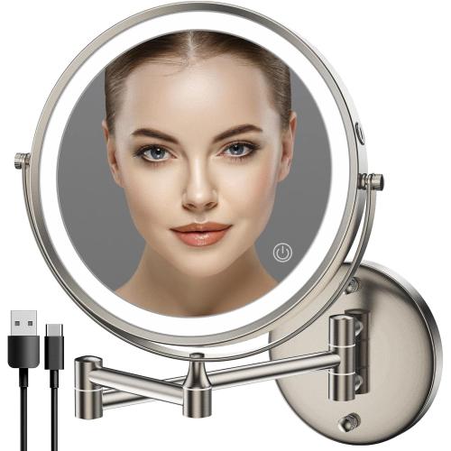 Rocollos Rechargeable Wall Mounted Lighted Makeup Mirror, 8 Inch Double-Sided LED Vanity Mirror 1X/10X Magnification,3 Color Lights Touch Screen Dimmable 360°Swivel 13 Inch Extendable