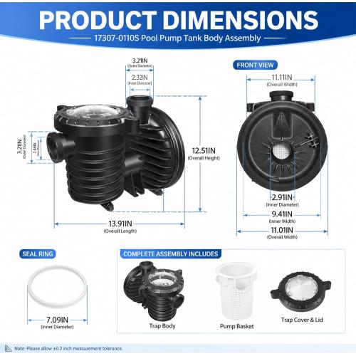 17307-0110S Pool Pump Tank Body Assembly fits for Pentair Sta-Rite IntelliPro VS, VSF, VST & Max-E-Pro Series Pumps, Trap Body Housing Replacement with Basket, Drain Plugs & Lid for Pool Spa Pumps