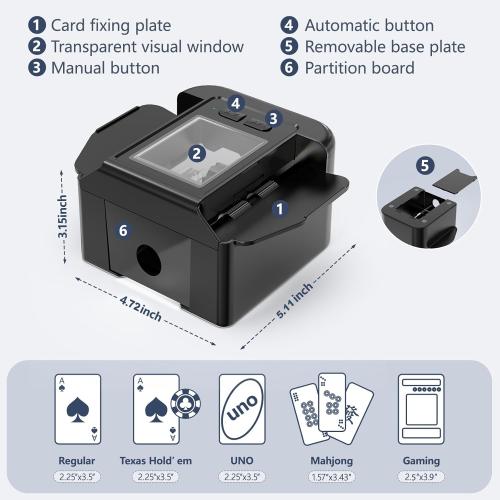 ShinePick Automatic Card Shuffler, Electric Shuffling Machine with 2000mAh Rechargeable Battery, Low Noise Card Shuffler - Automatic and Manual Mode for Poker, Phase 10, UNO, Skip-Bo