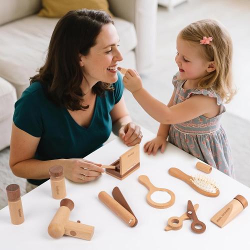 11-Piece Wooden Makeup Toy Set for Girls, Pretend Play Makeup Kit for Toddlers & Kids with Mirror, Lipstick, Hair Straightener & Storage Bag, Christmas Birthday Present for Ages 3-6 Years Old