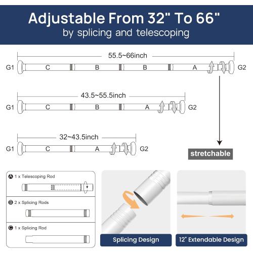 ENJOYBASICS 2 Pack Adjustable Spring Tension Curtain Rods 32 to 66 Inches, Stainless Steel White Shower Rod No Drilling for Window, Bathroom, Closet, Room Divider, 7/8 Diameter