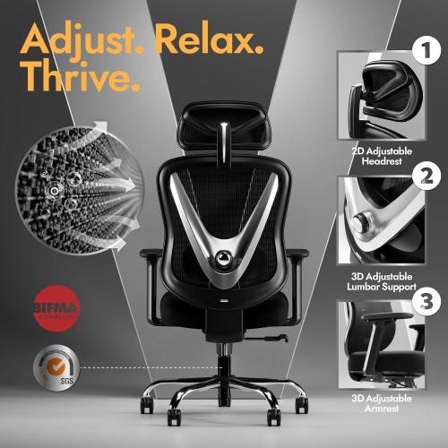 HOLLUDLE Ergonomic Mesh Office Chair - 3D Adjustable Lumbar Support & 3D Armrests, V-Shaped Back, Adjustable Desk Chair for Office & Home, Black