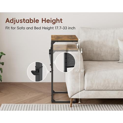 Black Wood Brown and Grey Vagusicc C Shaped End Table with Charging Station, 33 Tall Side Table for Couch, Sofa Table Adjustable Height Small Couch Side C Table, Slide Under Sofa Tray Arm Table for Living Room, Bedroom, Brown