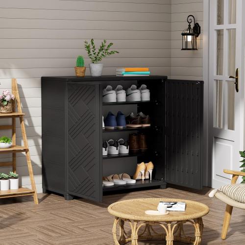 ZZM Indoor/Outdoor Storage Cabinet Waterproof, 34x15x34 Plastic Outdoor Storage Box for Garden Balcony Bathroom, All Weather Outdoor Storage Clearance, DIY Usage, with 1 Shelf (Black)