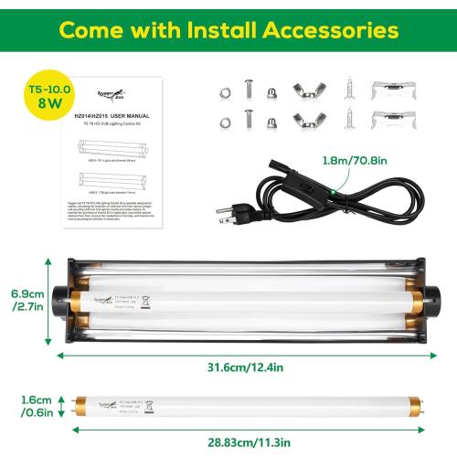 T5 UVB Reptile Light Fixture HO UVB Bulb Lighting Combo Kit, 10.0 UVB Light for Reptiles Terrarium Hood with 8W Reptile Light Bar UVA UVB Desert Lamp for Bearded Dragon Turtle Tank, 12 Inch