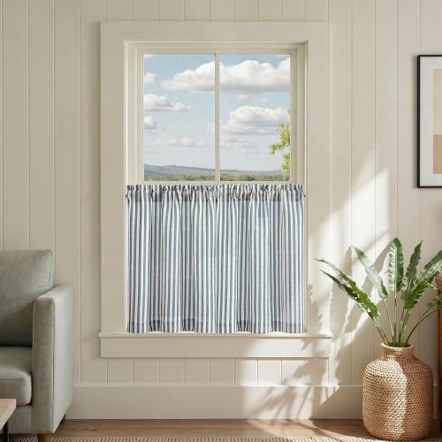 jinchan Striped Linen Kitchen Tier Curtains, 24 Inch, Blue, 2 Panels | Light-filtering linen blend tiers with rod pockets, adding breezy coastal style to kitchens, bathrooms and small windows.