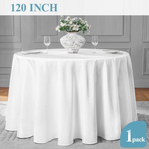 VidaFete 1 Pack 120inch Round Tablecloth Polyester Table Cloth, Stain Resistant and Wrinkle Polyester Dining Table Cover for Kitchen Dinning Party Wedding Rectangular Tabletop Buffet Decoration(White)