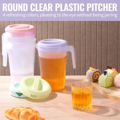 8 Pcs Plastic Pitcher with Lid & Handle, 2Qt Clear Water Pitcher Set, Round Beverage Pitchers with Easy Pour Spout for Water, Iced Tea, Party, Picnic, Camping and Home (4 Colors)