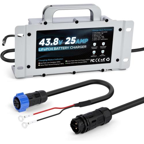 36V 25A Lithium Battery Charger 1250W Fast Charging & 0V Wake Up with 2 Mounting Ways, IP67 Waterproof 43.8V LiFePO4 Charger, Efficiency ≥ 94%, for 36V(38.4V) Golf Cart/Trolling Motor/RV/Boat Battery