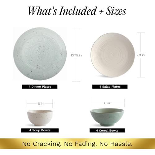 Sango Siterra Artist's Blend 16-Piece Stoneware Dinnerware Set for 4, Green, Cream & White Glossy Dishes with Speckles, Ceramic Plates and Bowls Sets for Everyday Dining, Microwave & Dishwasher Safe