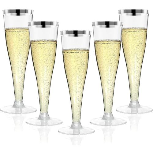 Champagne Flutes Plastic Wine Glasses Disposable 4.5 OZ, 20 Pack Sliver Rim Mimosa Glasses for 2026 Engagement Wedding Birthday Back-to-School Party Supplies, Bulk Cocktail Toasting Cups