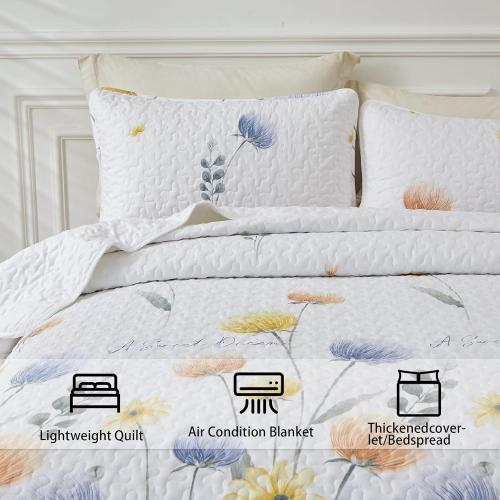 Dinjoy Floral Quilt Set Queen 3 Pieces Blue & Yellow Quilts Bedding Set Bohemian Bedspread Bed Cover Lightweight Spring Summer Beds Coverlet for All Season(96x90)