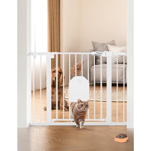 Babelio Auto Close Baby Gate with Cat Door,29-43 Metal Gate for Doorway,Stairs, House,Easy Walk Thru with Pet Door,Includes 4 Wall Cups and 3 Extension Pieces,White