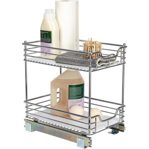 Household Essentials Glidez Multipurpose Chrome-Plated Steel Pull-Out/Slide-Out Storage Organizer with Plastic Liner for Under Cabinet Use - 2-Tier Design - Fits Standard Size Cabinet or Shelf, Chrome