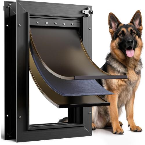 Dog Door for Door All Aluminum 3 Flaps Black, Large Dog Doggy Doggie Door, Heavy Duty Pet Door for Dogs Cats, with Insulation Flap, Telescoping Tunnel, Sliding Closing Panel, for Pets Up to 110lb