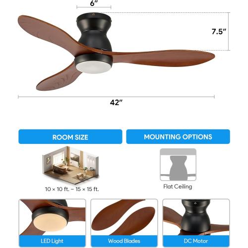 VONLUCE Ceiling Fans with Lights, 42 Inch Ceiling Fan and Remote, 6-Speeds Noiseless Reversible DC Motor, 3CCT, Wood Ceiling Fan for Farmhouse Bedroom Indoor Outdoor, Black