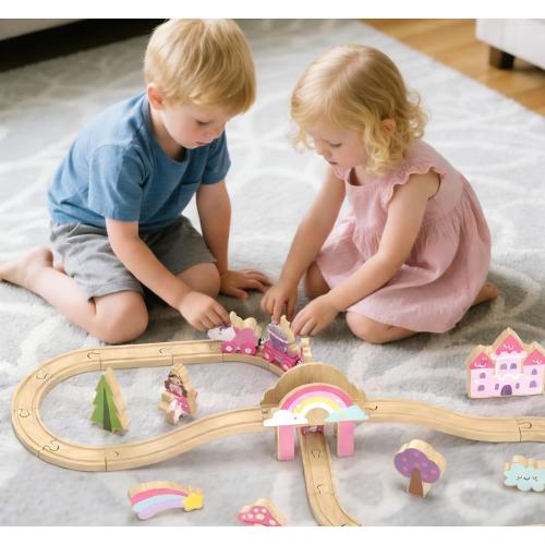Lehoo Castle Wooden Train Set - Unicorn Train Set for Toddlers 2-4, Wooden Train Track Toddler Girl Toys, Pink Train Fantasy Toys for 3 4 5 6 7 Year Old Girl