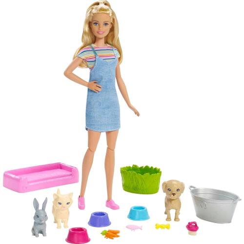 Barbie Play 'n Wash Pets Playset with 3 Color-Change Animals & 10 Toy Accessories, Blonde Fashion Doll with Blue Eyes