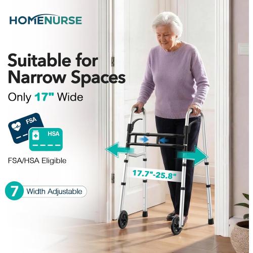 HOMENURSE Folding Walkers for Seniors with Skis, Width & Height Adjustable | Narrow Walker with 5 Wheels for Small Spaces, Aluminum Lightweight Standard Rolling Walker, Supports Up to 300lbs, Silver