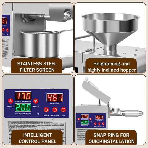 Oil Press Machine, 820W Home Commercial Automatic Oil Press Extractor, Steel Stainless Electric Cold & Hot Press Oil Expeller for Peanut Sesame Soybean Sunflower Seeds Walnuts
