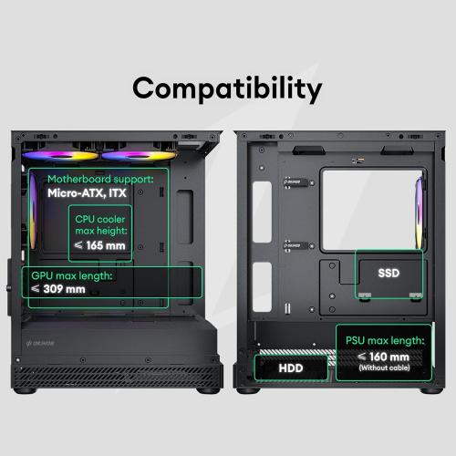 Okinos Aqua UNO Micro ATX Case, No Radiator Support, Max GPU Length 309mm, Quick-Release Panoramic Tempered Glass Front & Side, 3x120mm ARGB Fans Pre-Installed, Type-C 5Gbps, Black