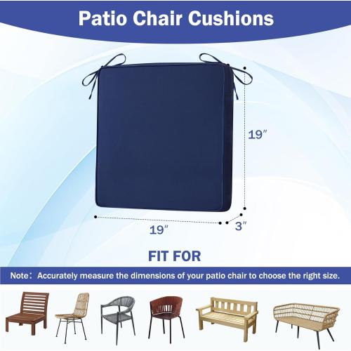 Outdoor Chair Cushions Set of 4, Waterproof Patio Chair Cushions, 19 x 19x 3 Patio Cushion for Outdoor Furniture, Outdoors Seat Cushion for Patios Furniture with Handle and Ties, Navy Blue