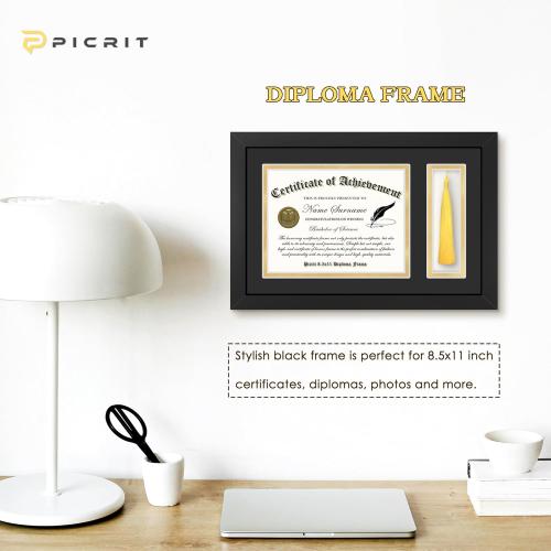 Picrit 11x17 Wood Diploma Frame with Tassel Holder for 8.5x11 Certificate/Degree Document with Tempered Glass, Black over Gold Mat