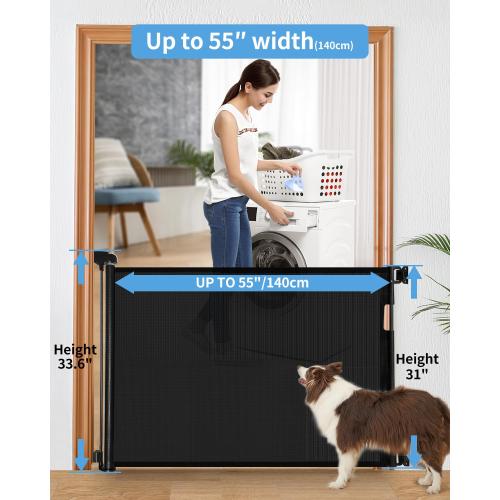 Veraste Retractable Baby Gate for Doorways and Stairs, Mesh Safety Gate for Pet, Indoor & Outdoor Use, One-Hand Operation, Easy Installation, 33.6 Tall, Expands to 55 Wide（Black,33.6x55