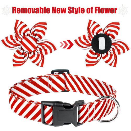 Malier Christmas Dog Collar with Flower, Red Dog Christmas Collar with Buckle Adjustable Cotton Collar for Small Medium Large Dogs Puppy (X-Small, Red Stripe)