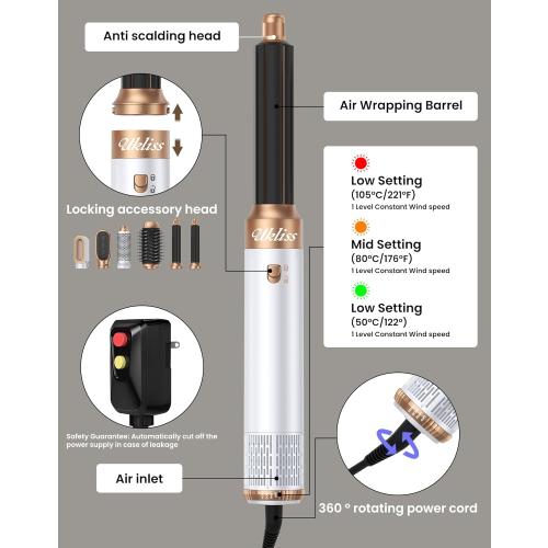 Ukliss 6 in 1 Blow Dryer Brush,Hair Dryer Brush with Ionic Technology, Multifunctional Styler Styling Tools, Auto Air Curler for Hair, Fast Styling for Most Hair Types, Safe ALCI Plug (White Gold)