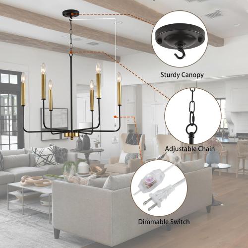 HOXIYA DIMMABLE Plug in Chandelier with Cord 25.6, Black and Gold 6 Light Modern Farmhouse Chandelier for Dining Room, Rustic Retro Hanging Ceiling Lighting Pendant Light Outdoor Gazebo Porch Bedroom