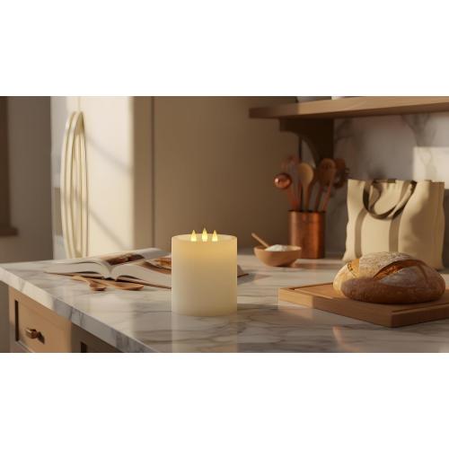 3-Wick Flameless Pillar Candle with Remote Timer, 3D Moving Flame Real Wax Led Candles (Ivory with 3 Wick, 6.5in)