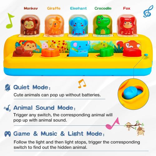Interactive Pop up Animal Toys with Music & Light, Montessori Cause and Effect Toys for 1 Year Old Boy Girl Early Learning Musical Baby Toy 9-12-18 Months STEM Toddler Toy Age 1-2 Gift for Infant