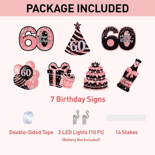 60th Birthday Decorations for Women - 7 Pcs Black & Pink 60th Birthday Yard Signs, 2 Pcs LED Lights, Sparkling at Night, Weatherproof, Perfect Happy Birthday Lawn Decorations for Women