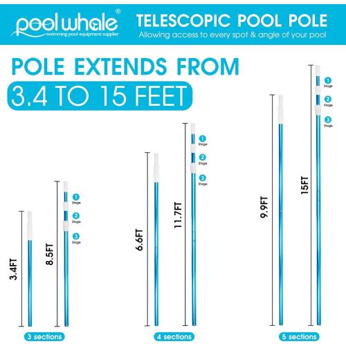 Premium 15 Foot Telescopic Swimming Pool Pole, Adjustable 3 Piece Extendable Pool Cleaning Pole, Blue Anodized Aluminum - for Skimmer Nets, Vacuum Heads and Brushes